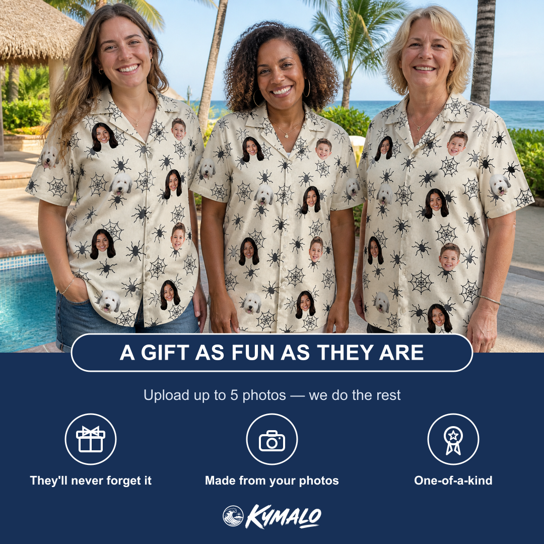 Friends in matching Women's Tangle Terror Custom Face Hawaiian Shirt — a group gift photo