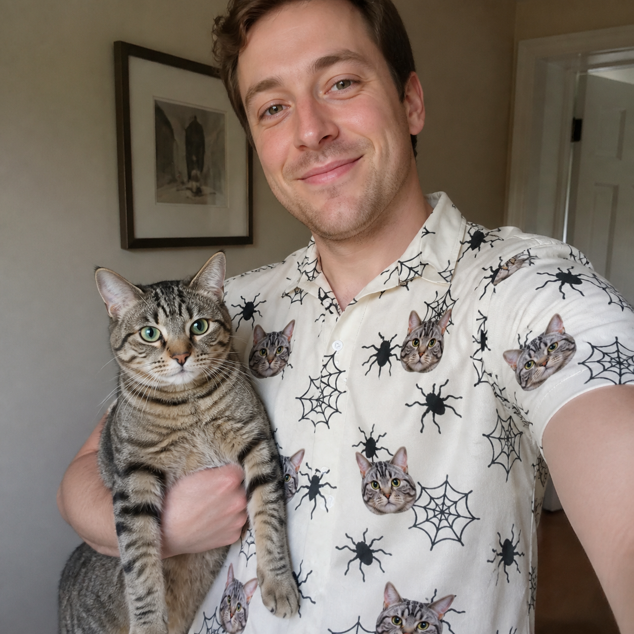Selfie with the pet whose face is printed all over this Men's Tangle Terror Custom Cat Face Polo Shirt