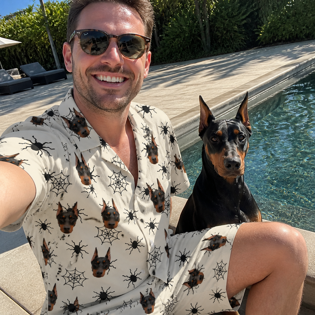 Selfie with the pet whose face is printed all over this Men's Tangle Terror Custom Dog Face Shirt & Shorts Set