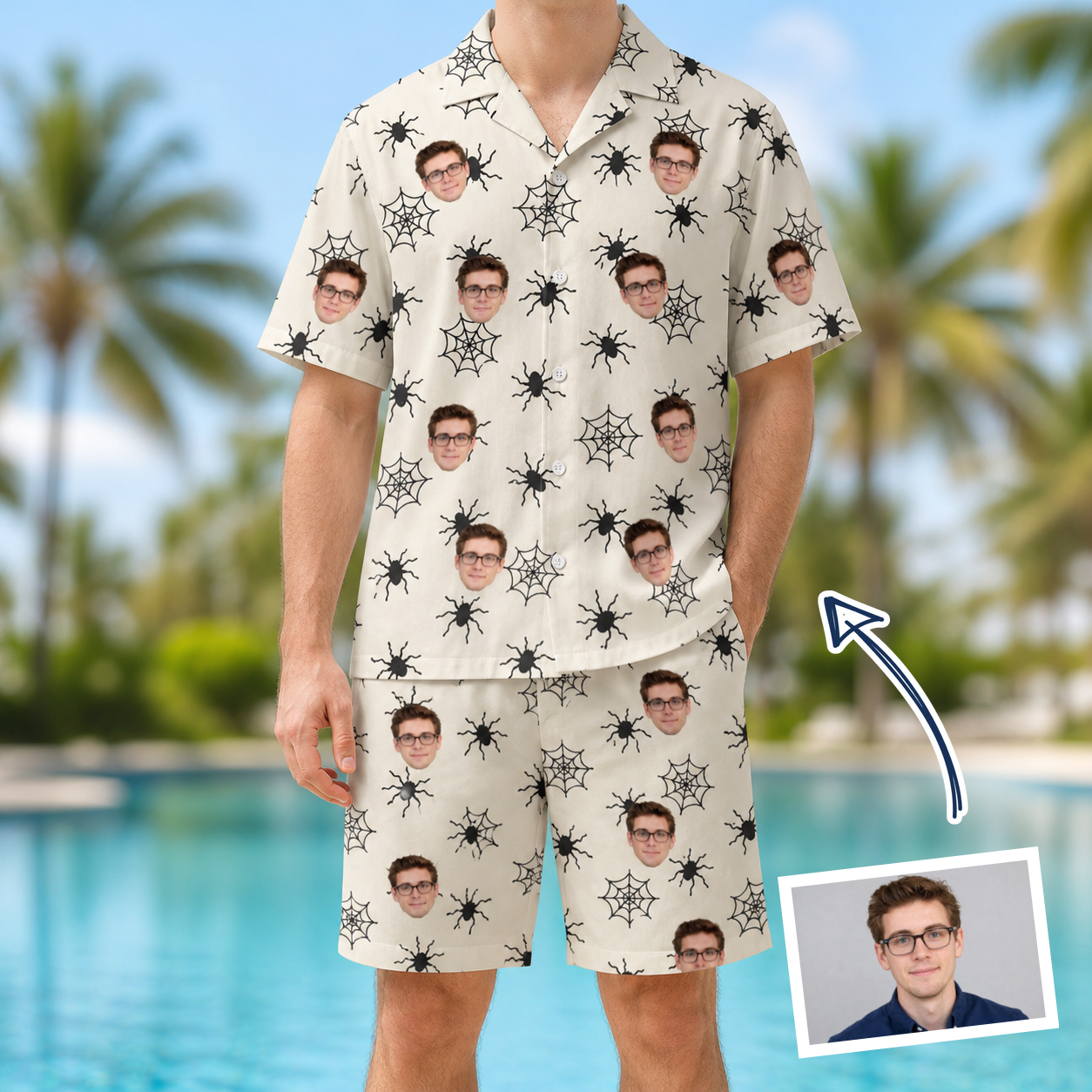 Man wearing Men's Tangle Terror Custom Face Shirt & Shorts Set — custom faces printed all-over