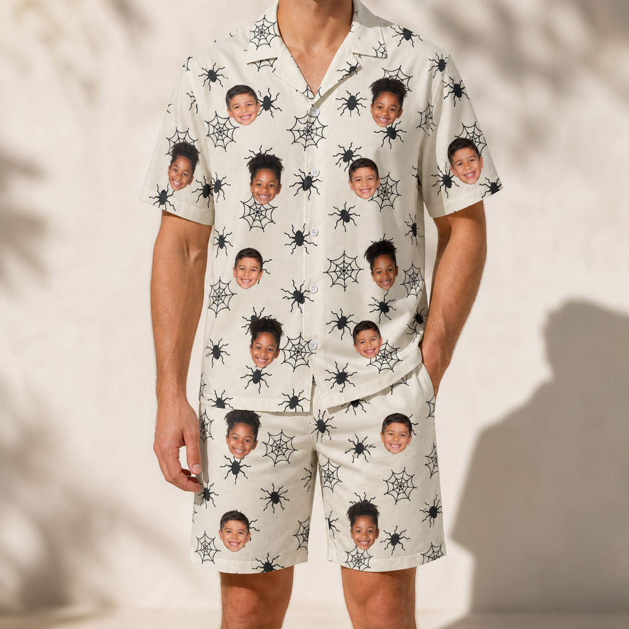 Model wearing Men's Tangle Terror Custom Face Shirt & Shorts Set printed with kids' faces