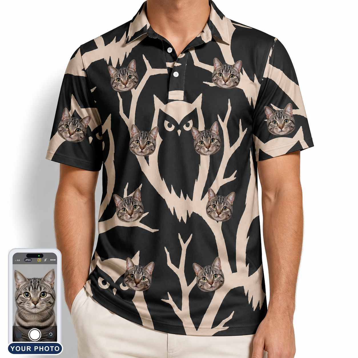 Men's Midnight Moonhoot Custom Cat Face Polo Shirt