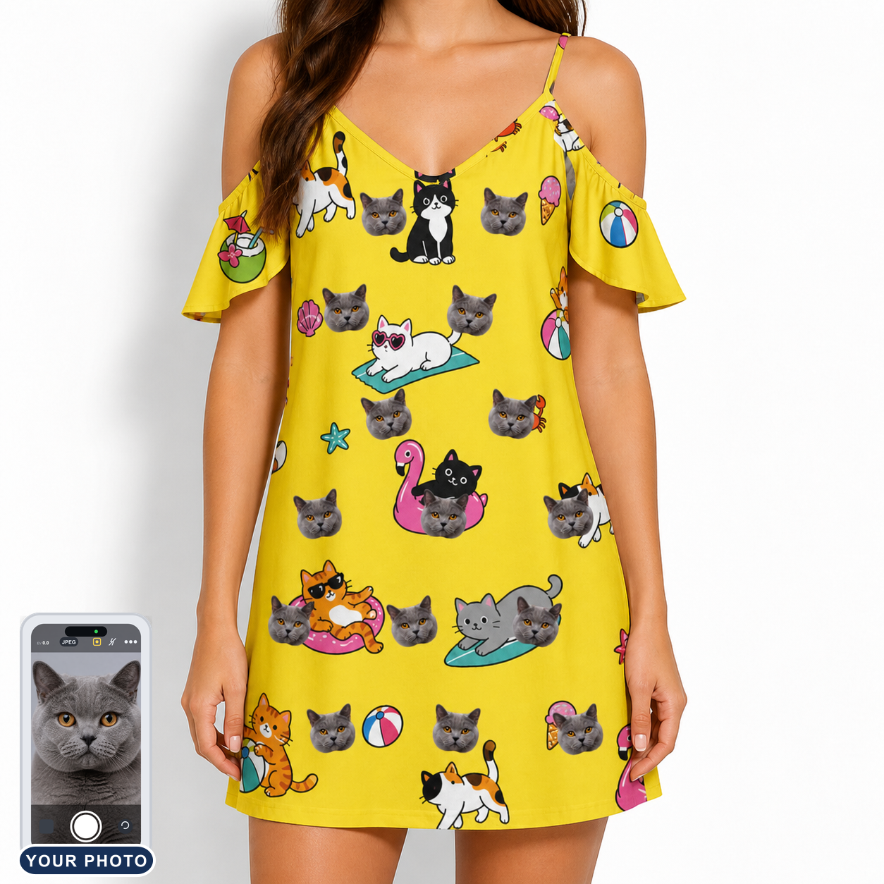 Women's Velvet Nuzzles Custom Cat Face Off-Shoulder Dress