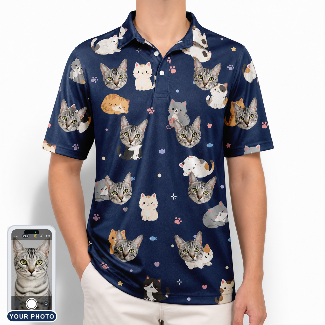 Men's Mewsed Charm Custom Cat Face Polo Shirt