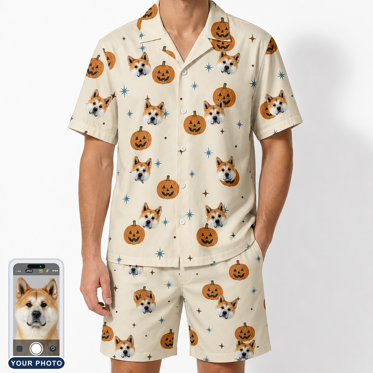 Men's Lantern Laughs Custom Dog Face Shirt & Shorts Set