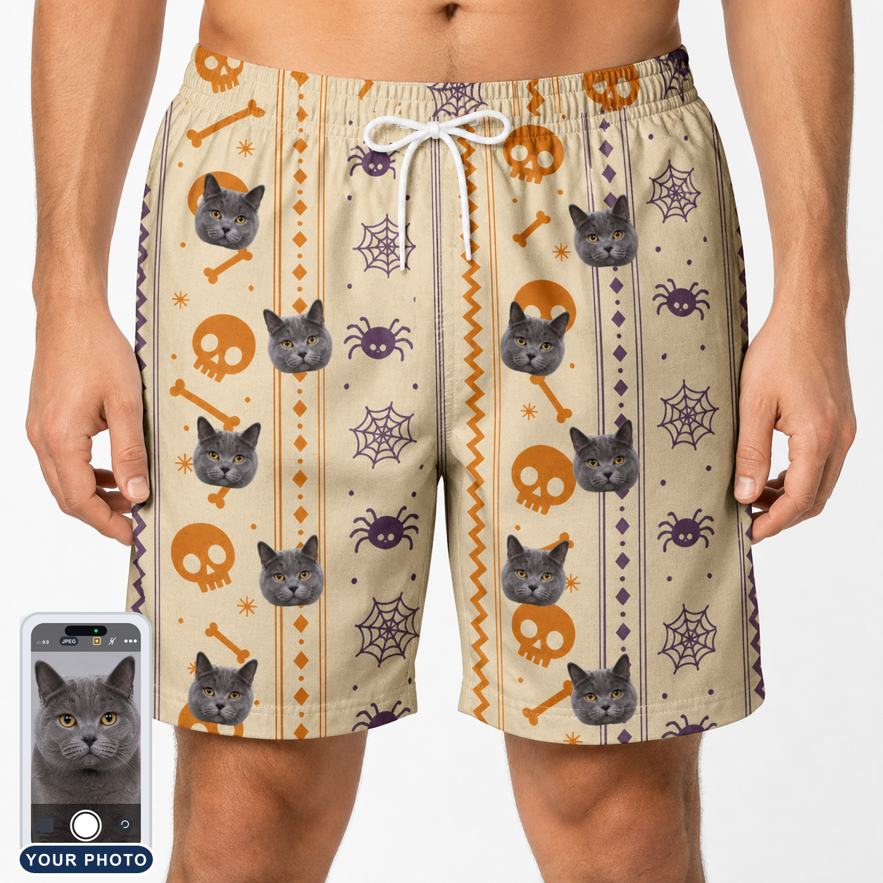Men's Webbed Bones Custom Cat Face Beach Shorts