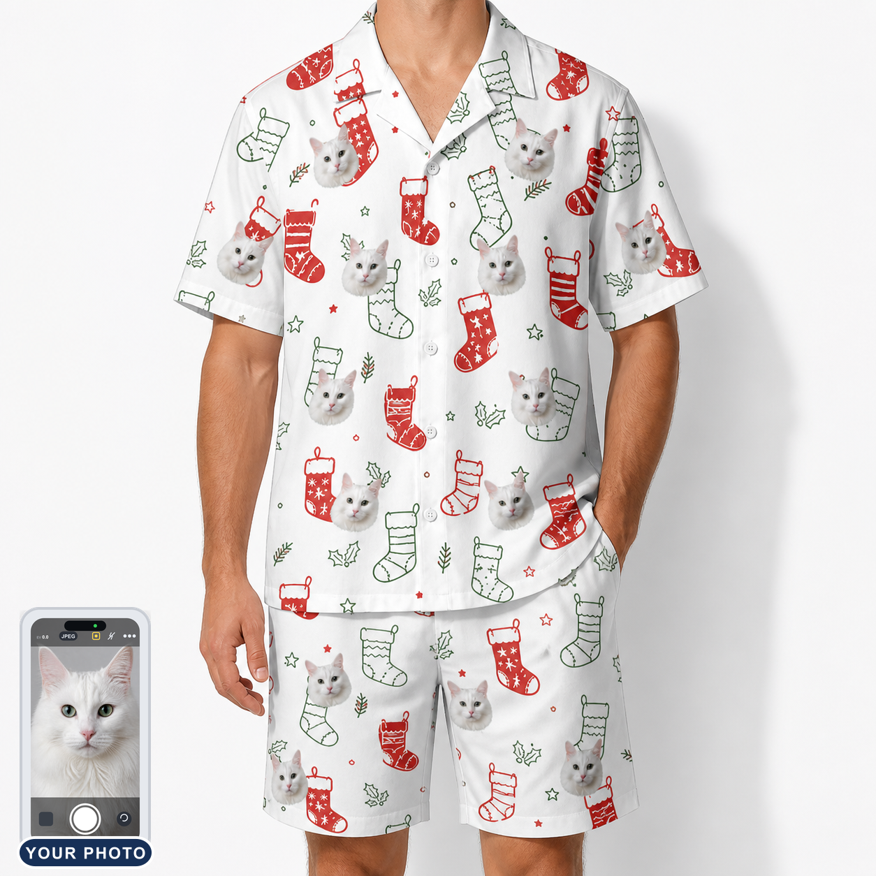 Men's Yule Pouches Custom Cat Face Shirt & Shorts Set