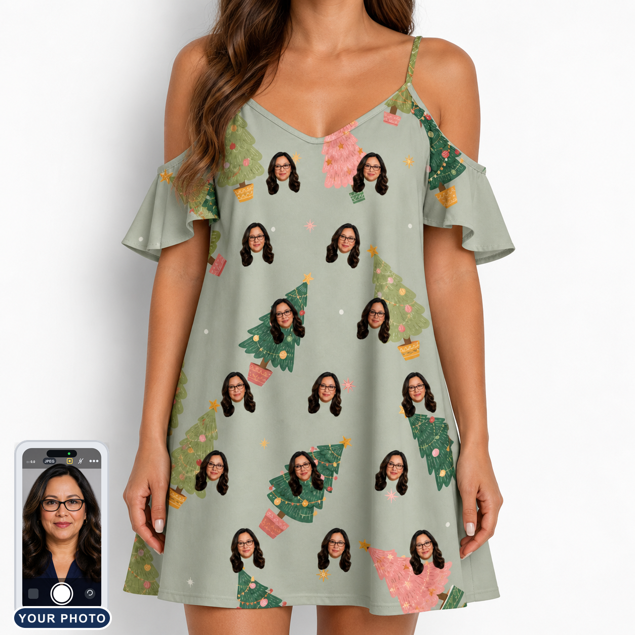 Women's Trimmed Tannenbaums Custom Face Off-Shoulder Dress