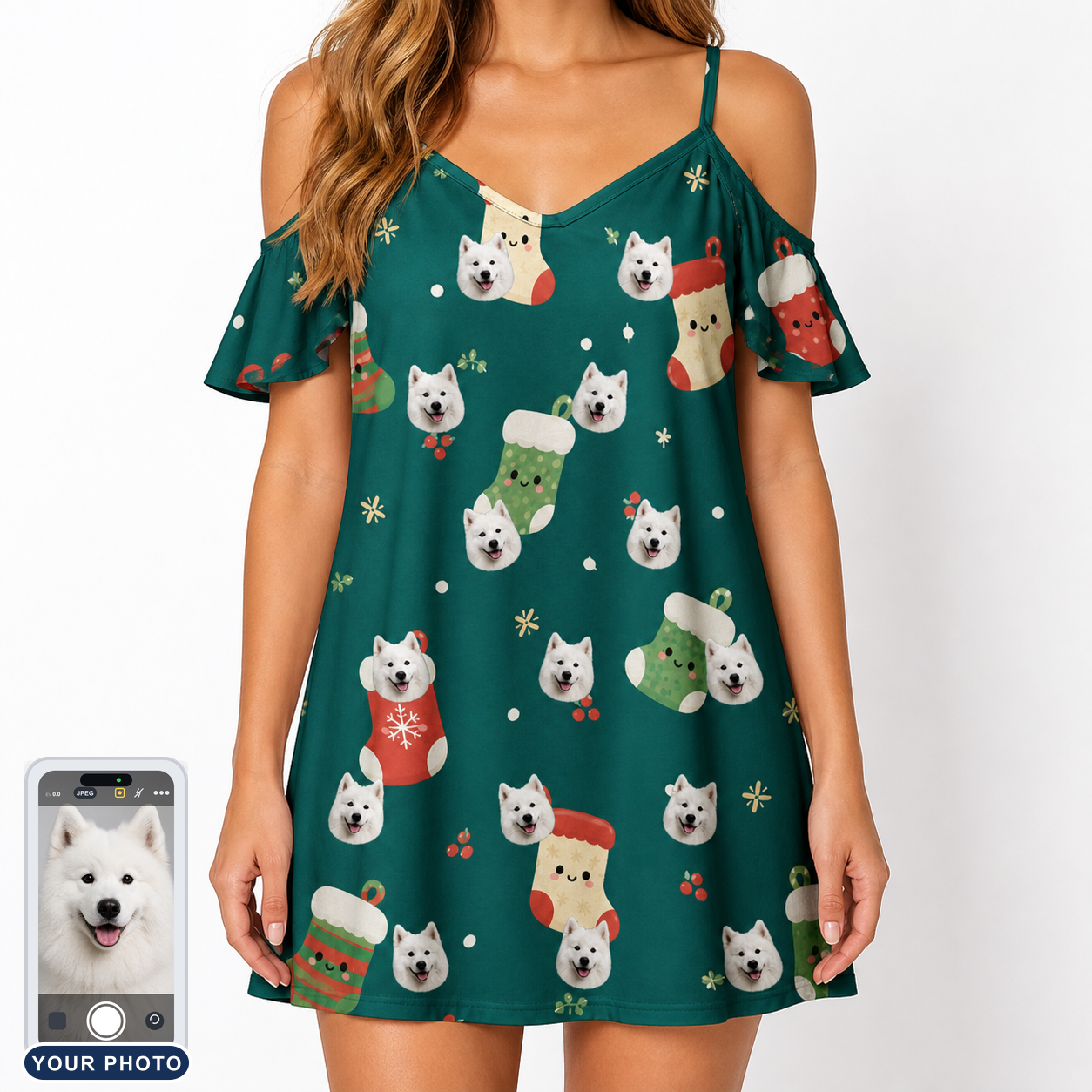 Women's Chimney Cheer Custom Dog Face Off-Shoulder Dress