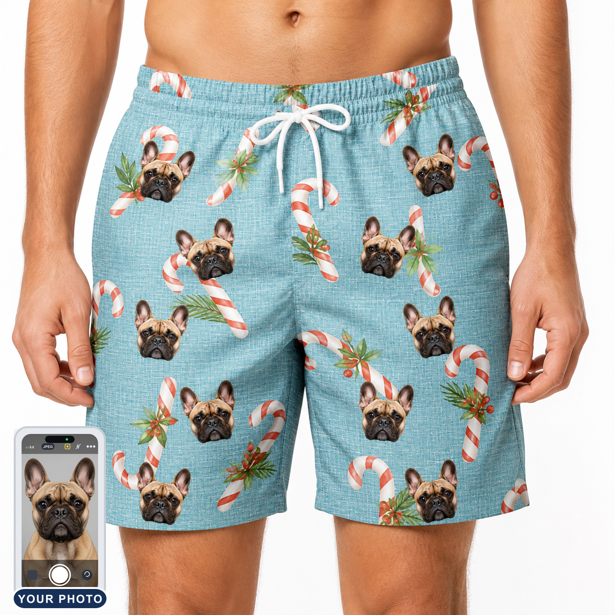 Men's Cane Carousel Custom Dog Face Beach Shorts