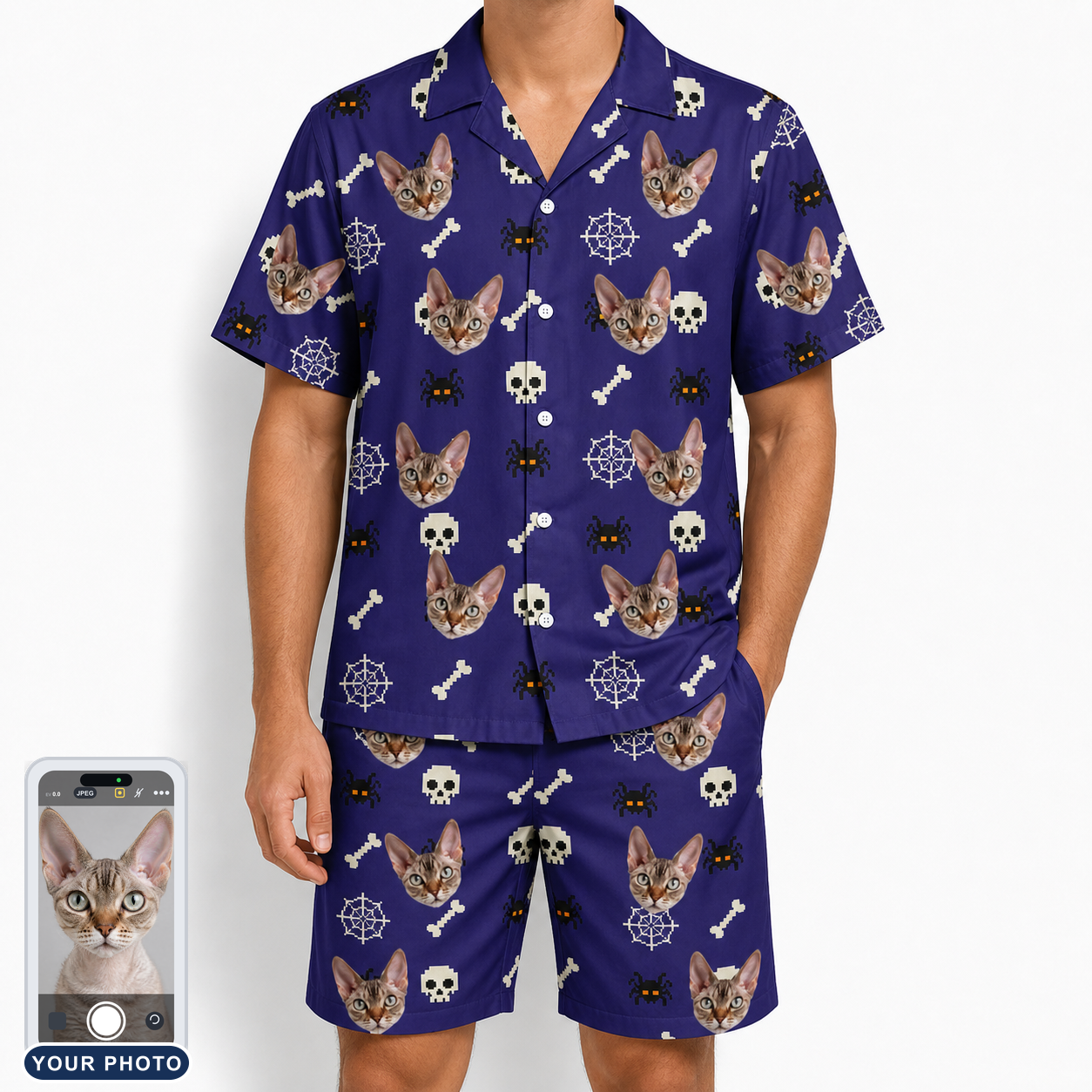 Men's Bone Appétit Custom Cat Face Shirt & Shorts Set