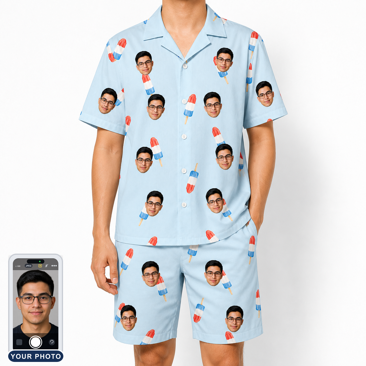 Men's Red White Chill Custom Face Shirt & Shorts Set