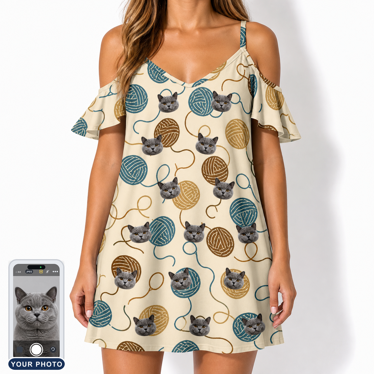 Women's Bobbin Bengals Custom Cat Face Off-Shoulder Dress