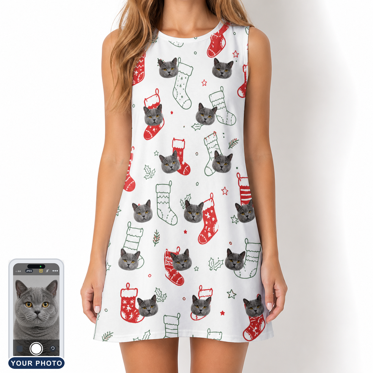 Women's Yule Pouches Custom Cat Face Tank Dress