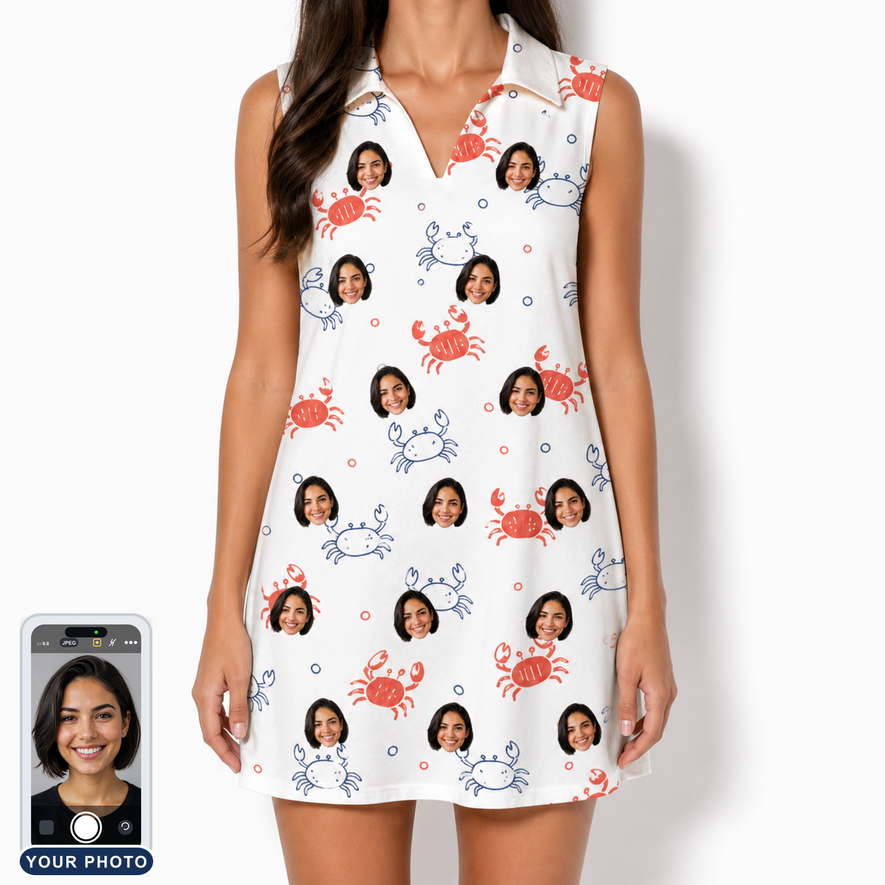 Women's Crab Capers Custom Face V-Neck Dress