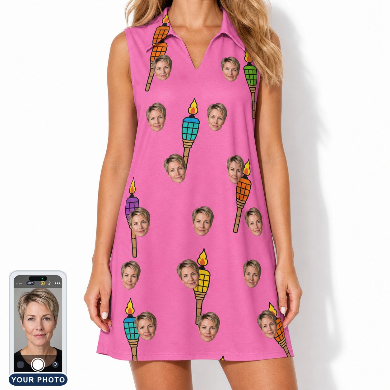 Women's Vintage Volcano Custom Face V-Neck Dress