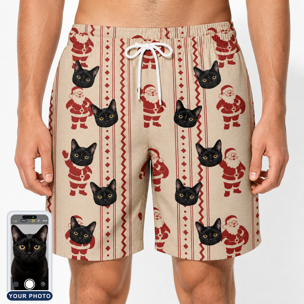 Men's Jolly Jingle Custom Cat Face Beach Shorts