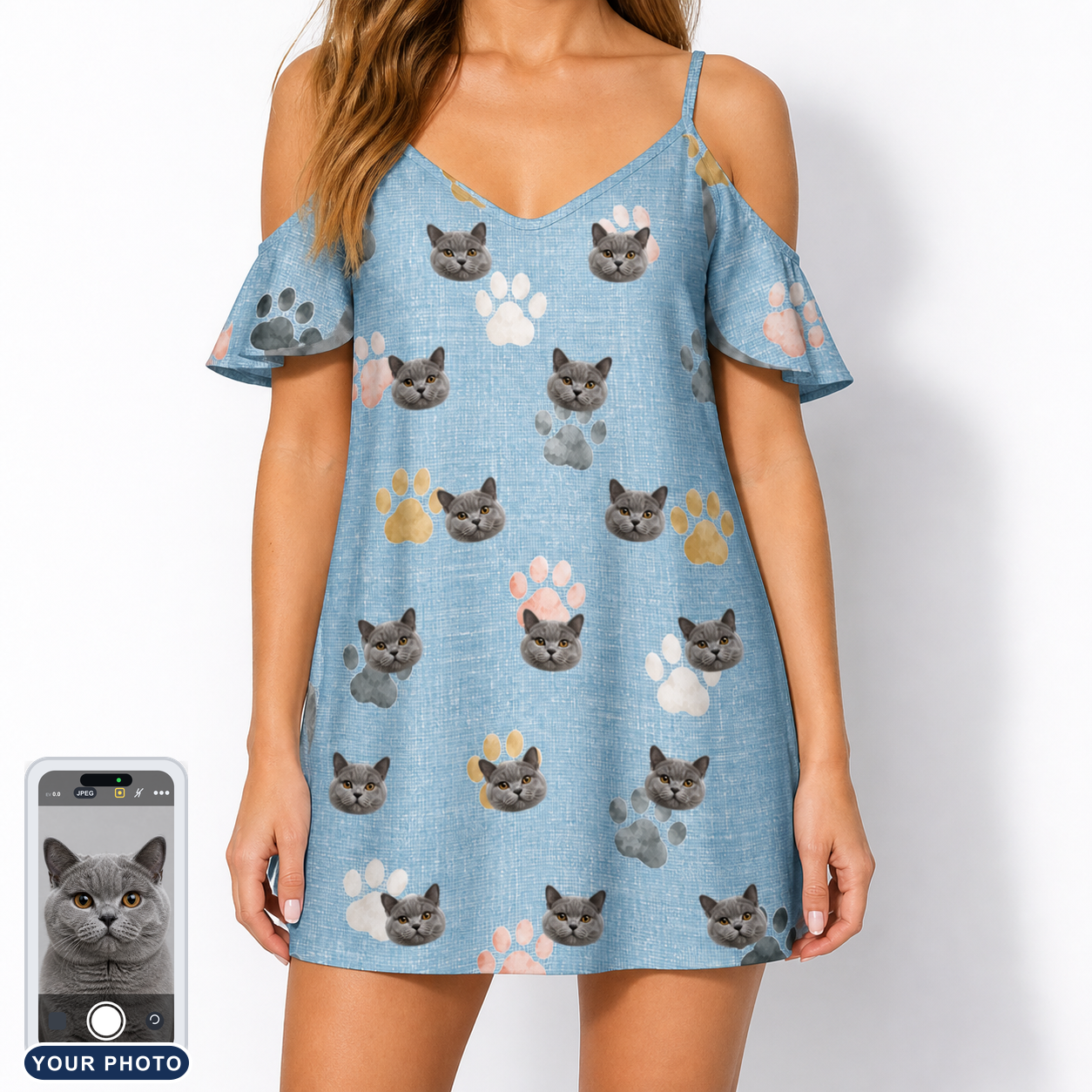 Women's Toe Bean Trail Custom Cat Face Off-Shoulder Dress