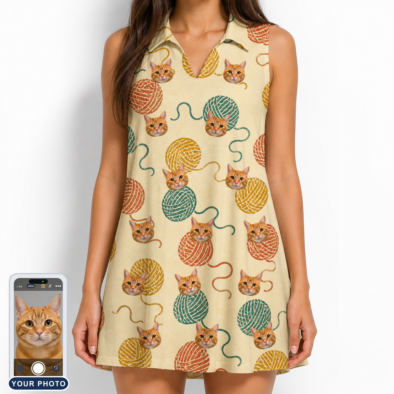 Women's Mewton Balls Custom Cat Face V-Neck Dress
