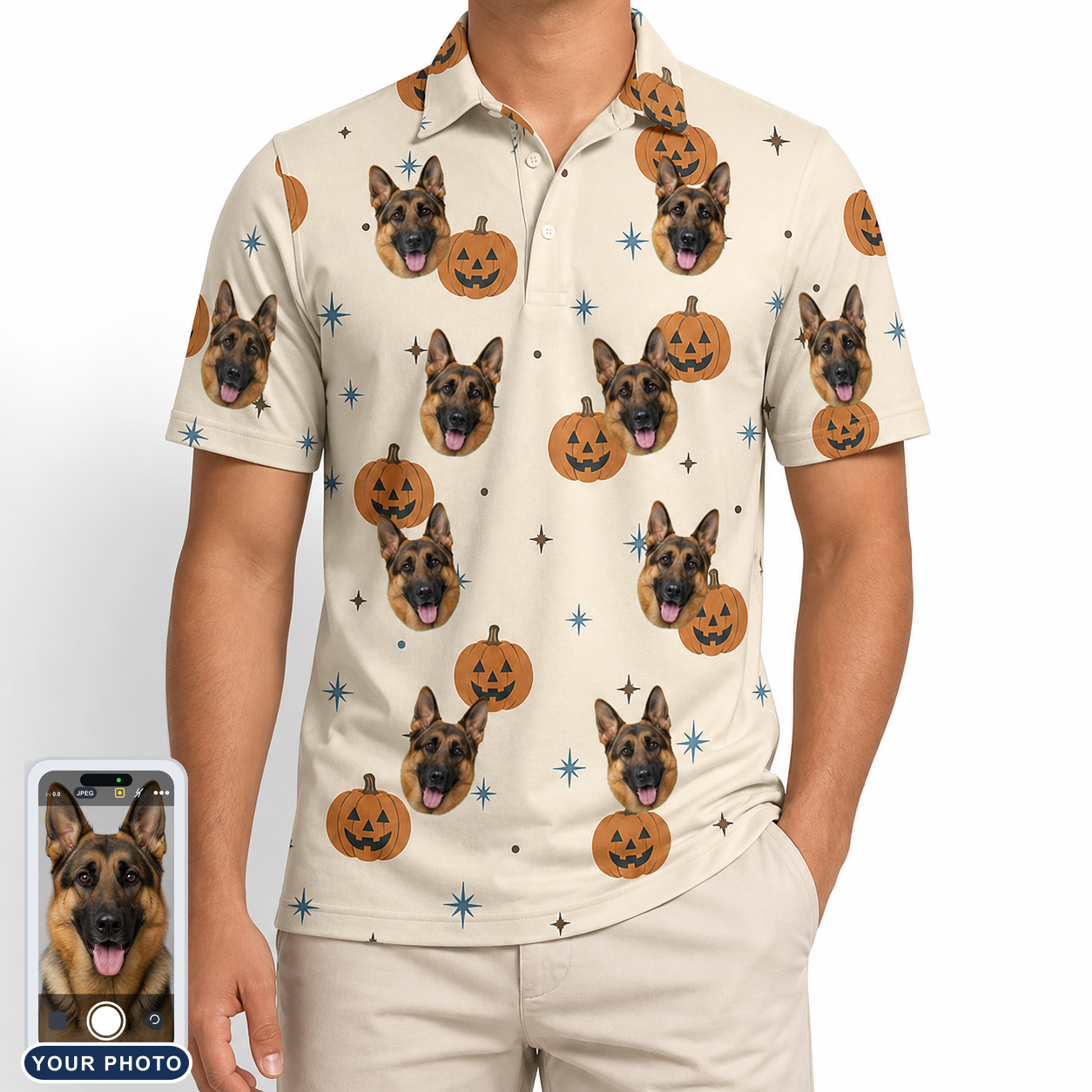 Men's Lantern Laughs Custom Dog Face Polo Shirt