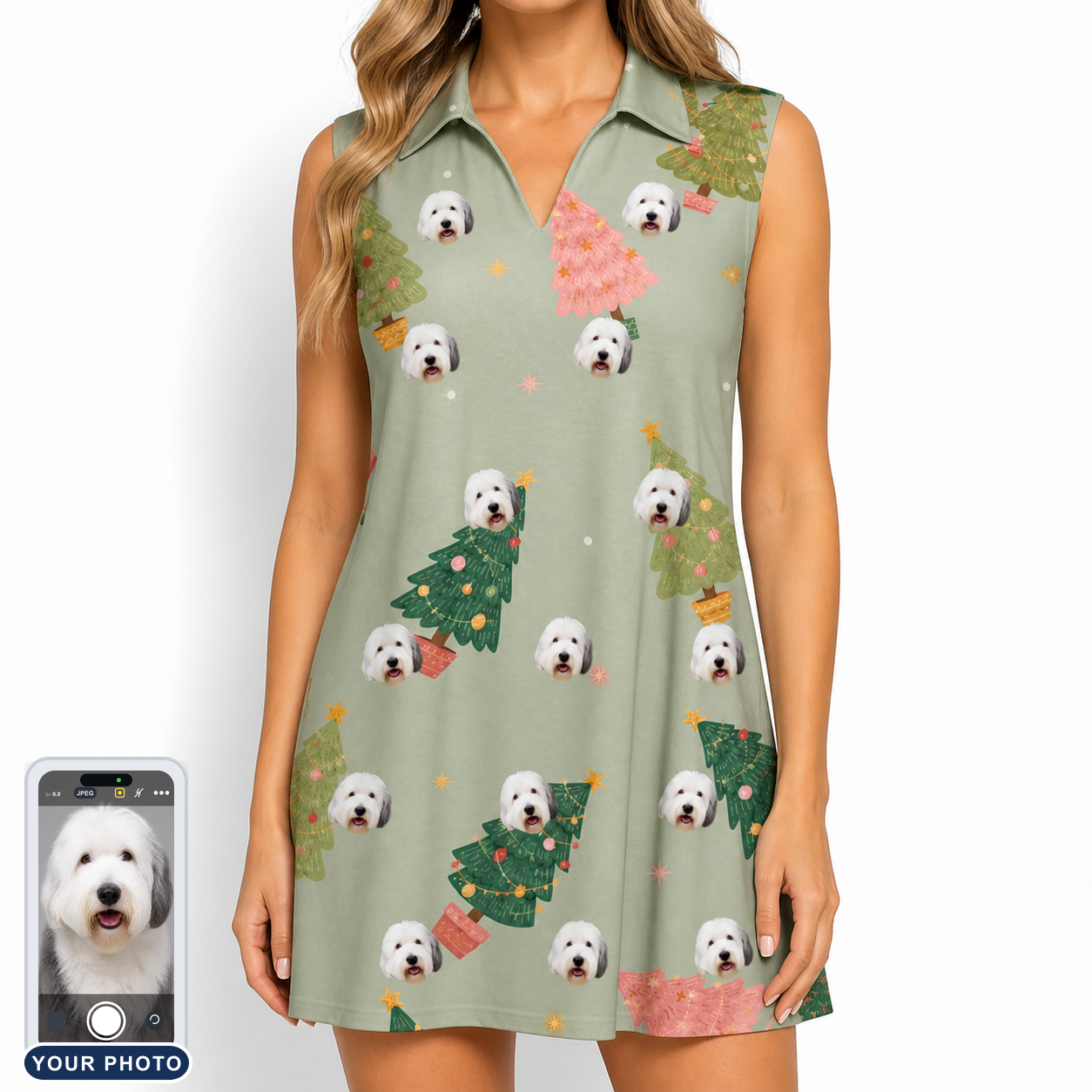 Women's Trimmed Tannenbaums Custom Dog Face V-Neck Dress