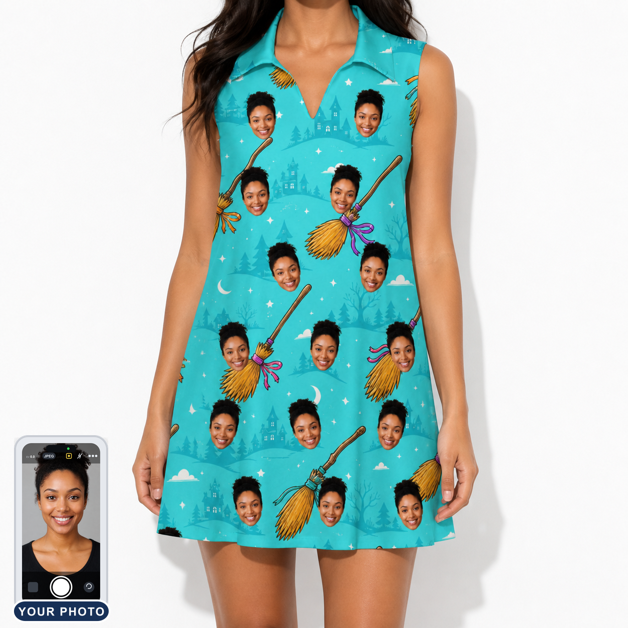 Women's Broom Zoom Custom Face V-Neck Dress