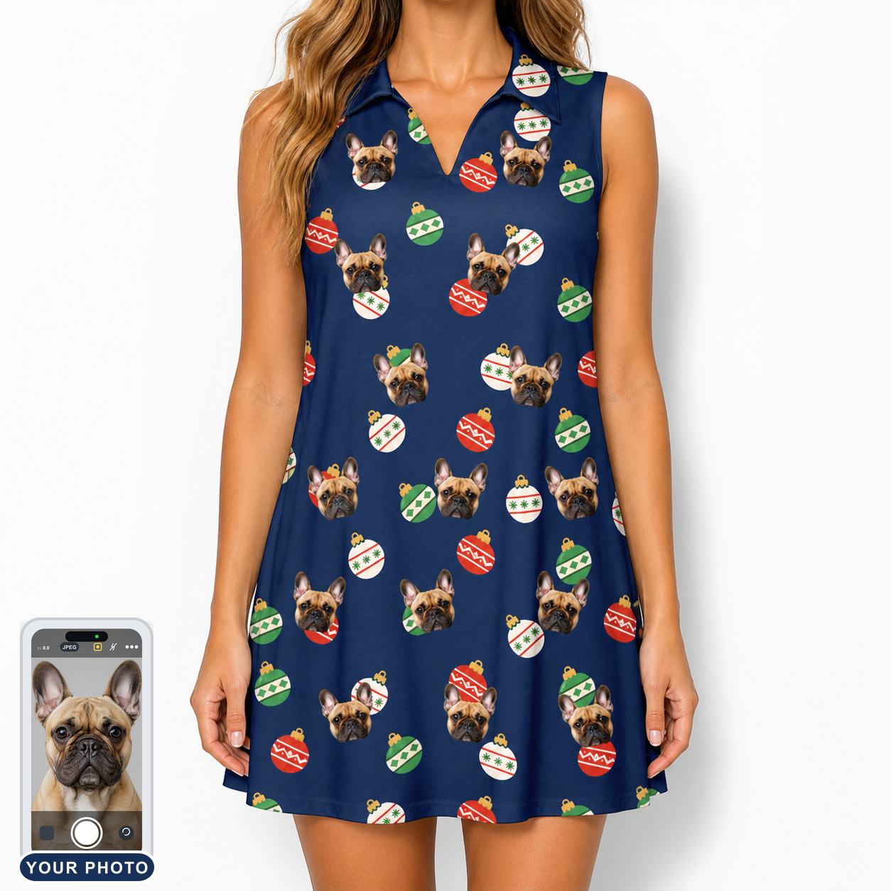 Women's December Dangles Custom Dog Face V-Neck Dress