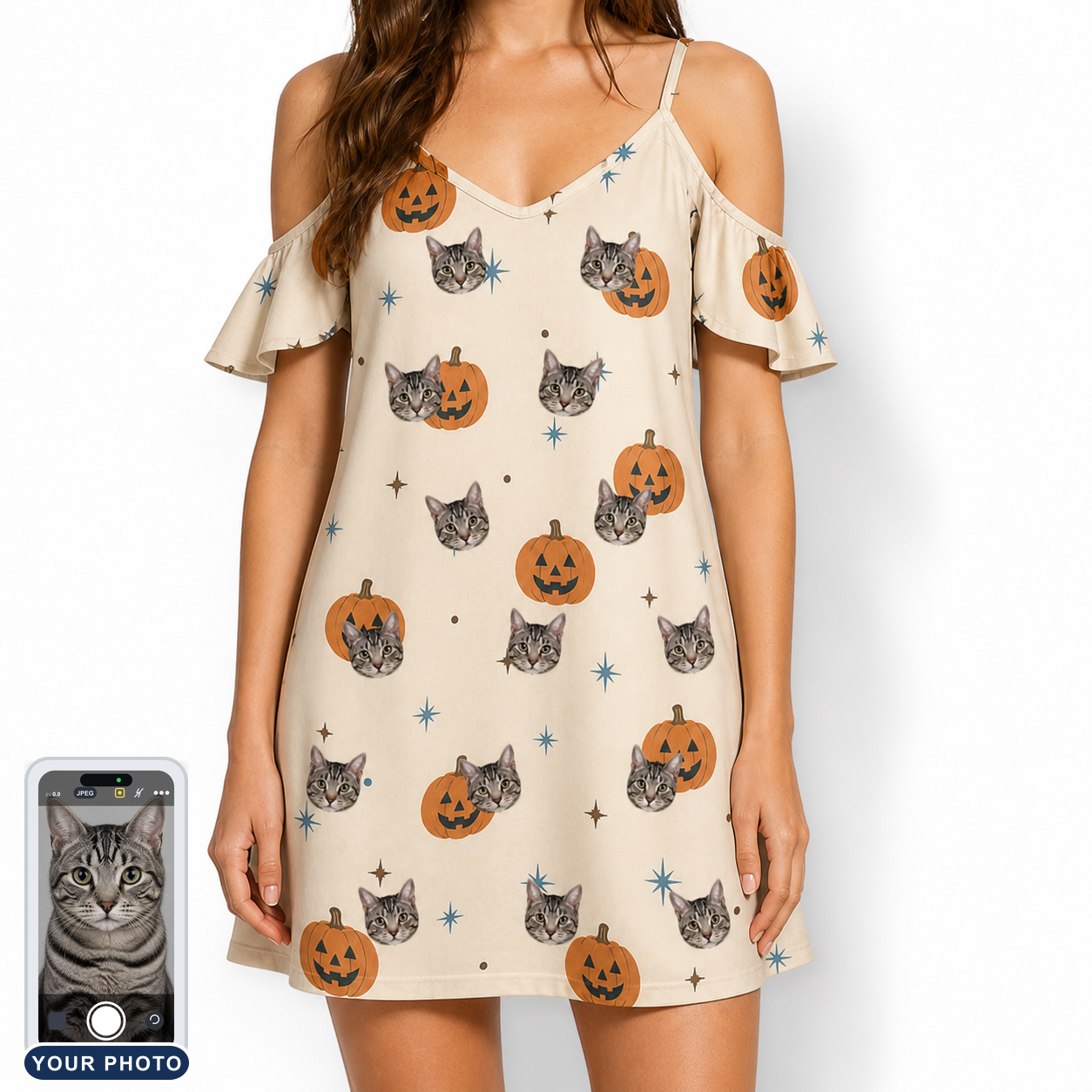 Women's Lantern Laughs Custom Cat Face Off-Shoulder Dress