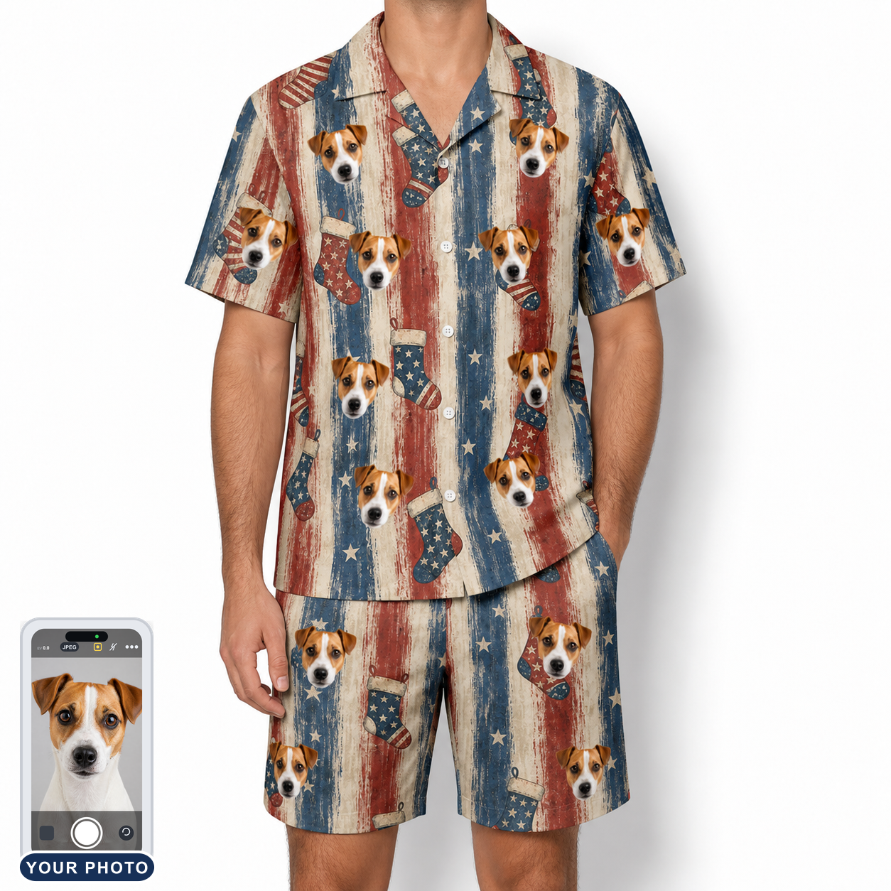 Men's Christmas Cuffs Custom Dog Face Shirt & Shorts Set