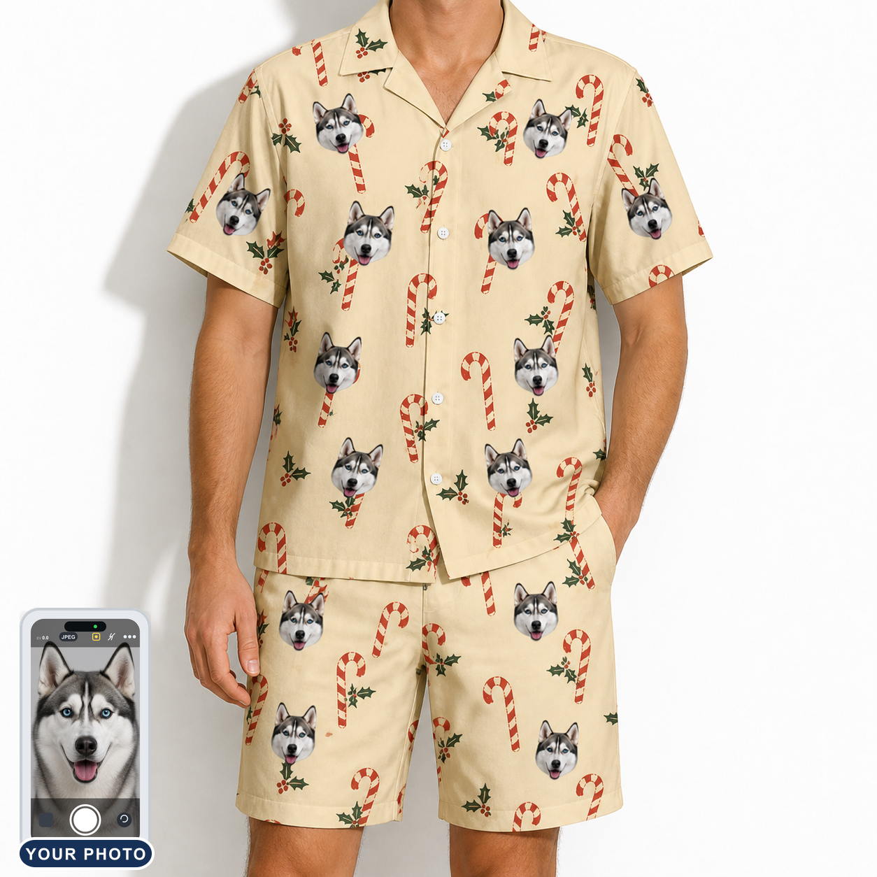 Men's Minty Mistletoe Custom Dog Face Shirt & Shorts Set