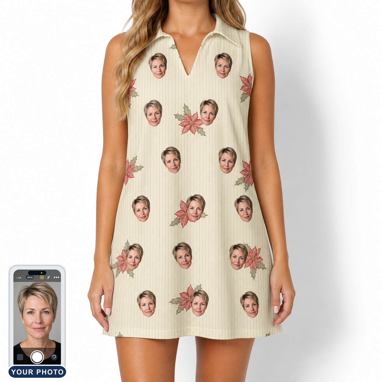 Women's Poinsettia Pop Custom Face V-Neck Dress