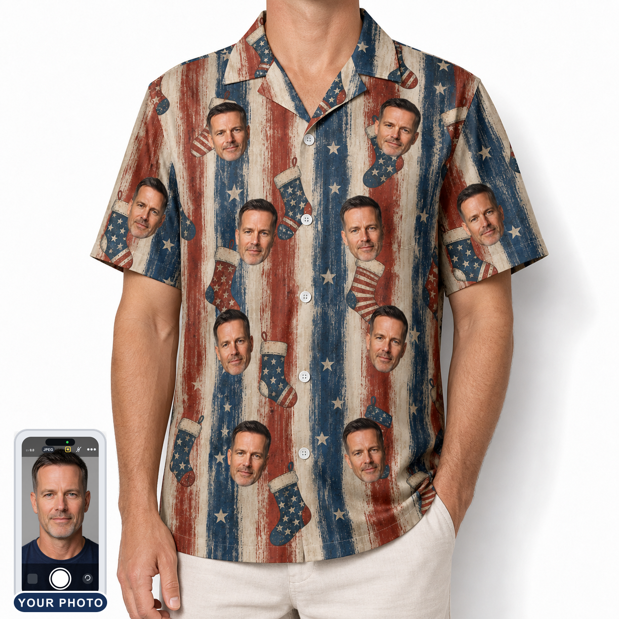 Men's Christmas Cuffs Custom Face Hawaiian Shirt