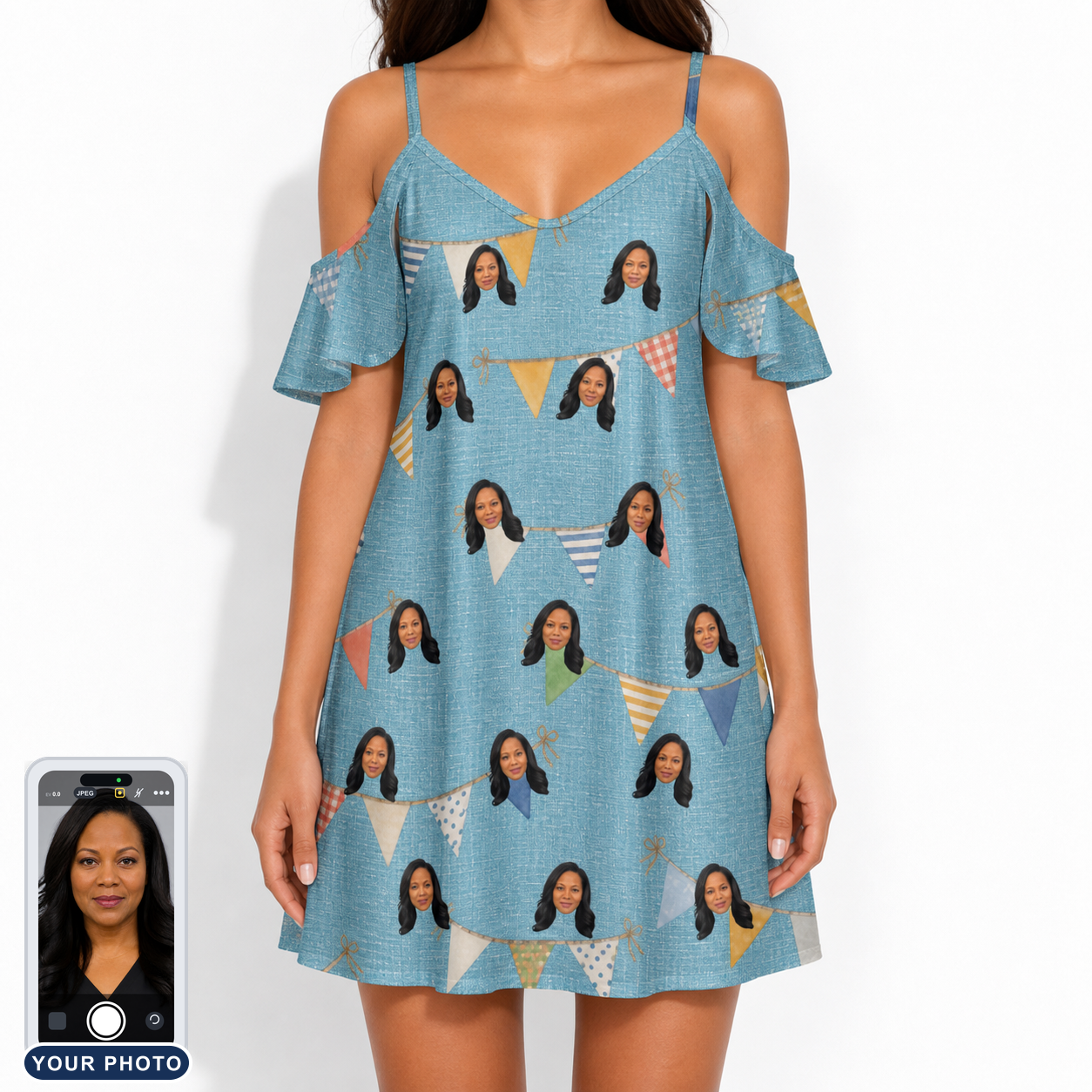 Women's Birthday Bunting Custom Face Off-Shoulder Dress
