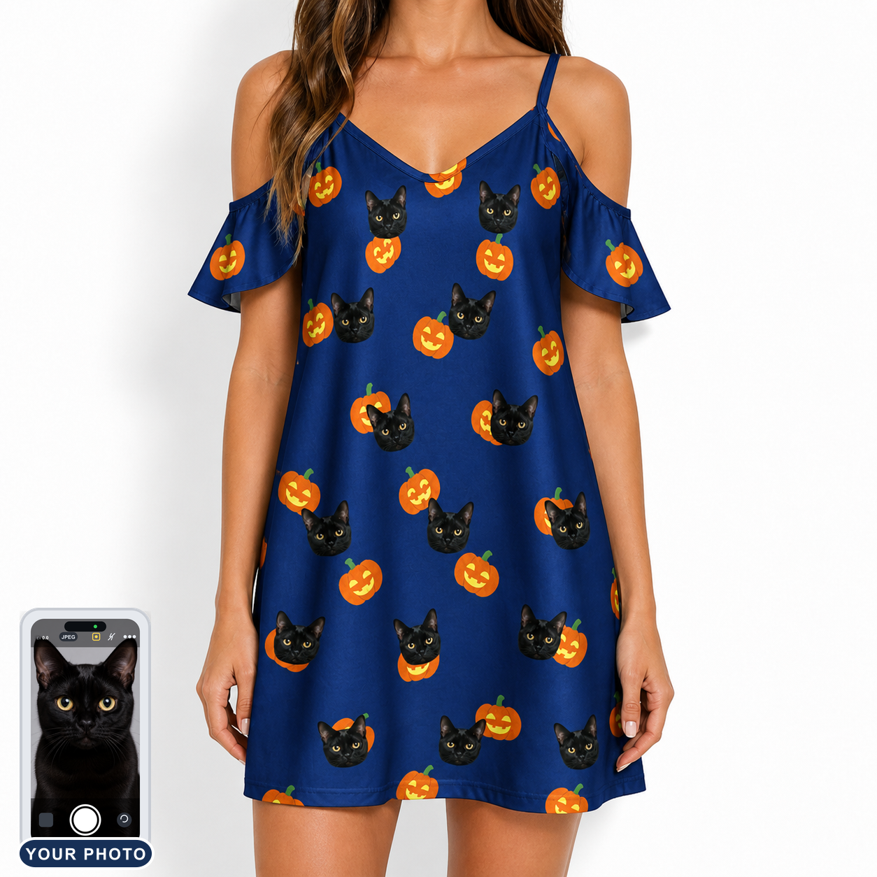 Women's Orange Oddities Custom Cat Face Off-Shoulder Dress