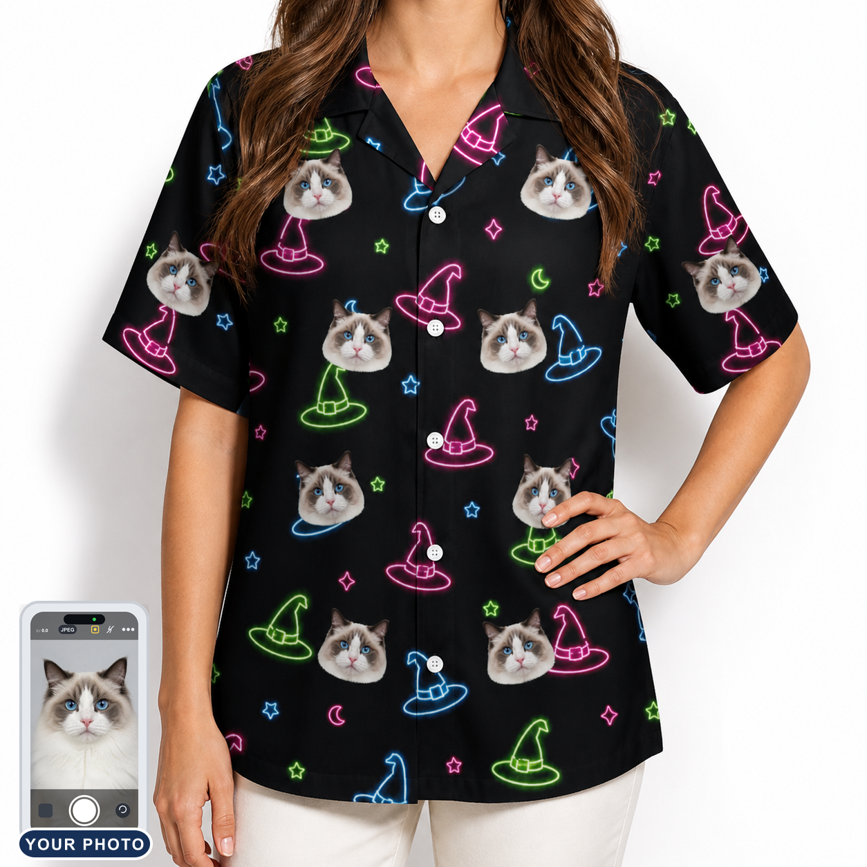 Women's Moonlit Millinery Custom Cat Face Hawaiian Shirt