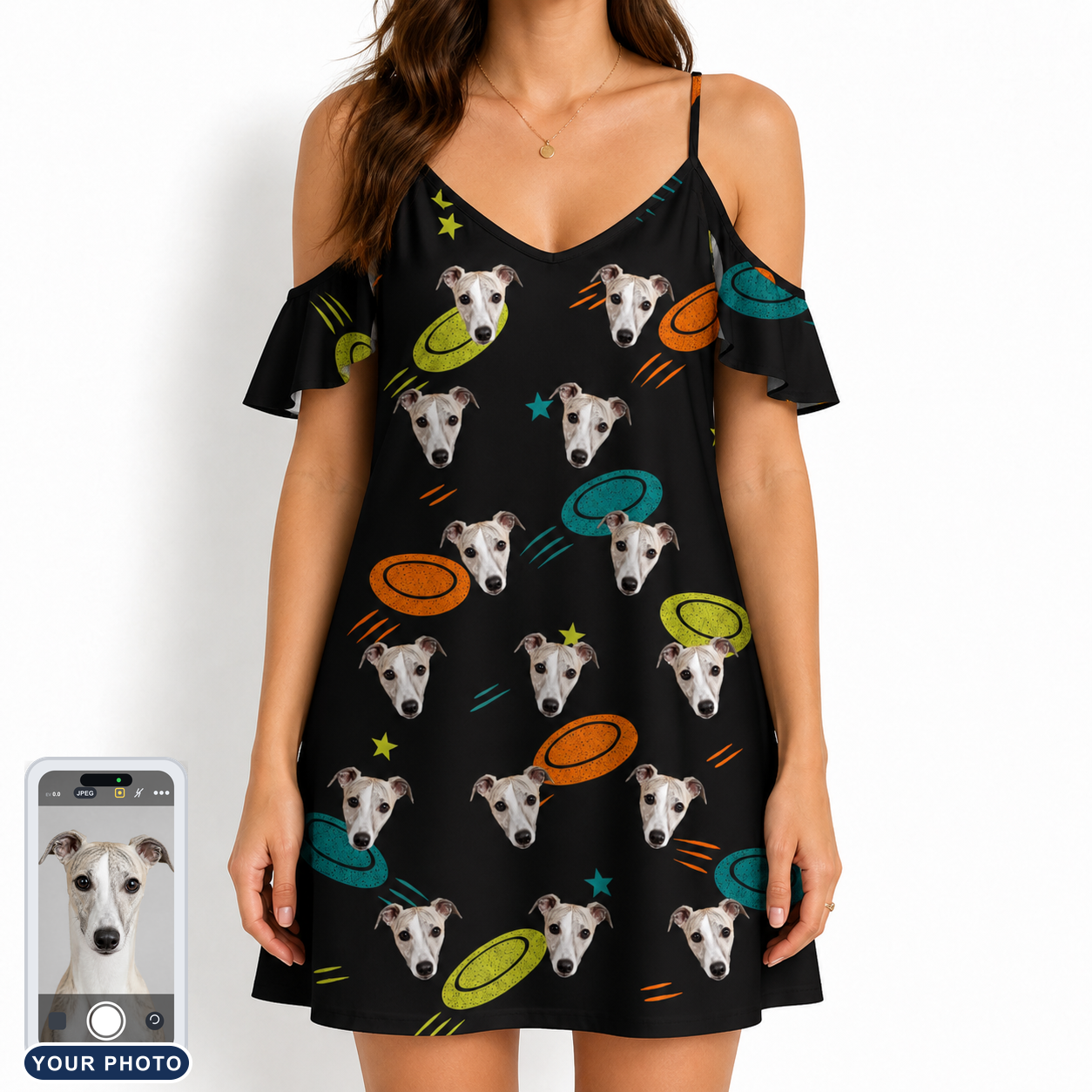 Women's Frisbee Flingers Custom Dog Face Off-Shoulder Dress