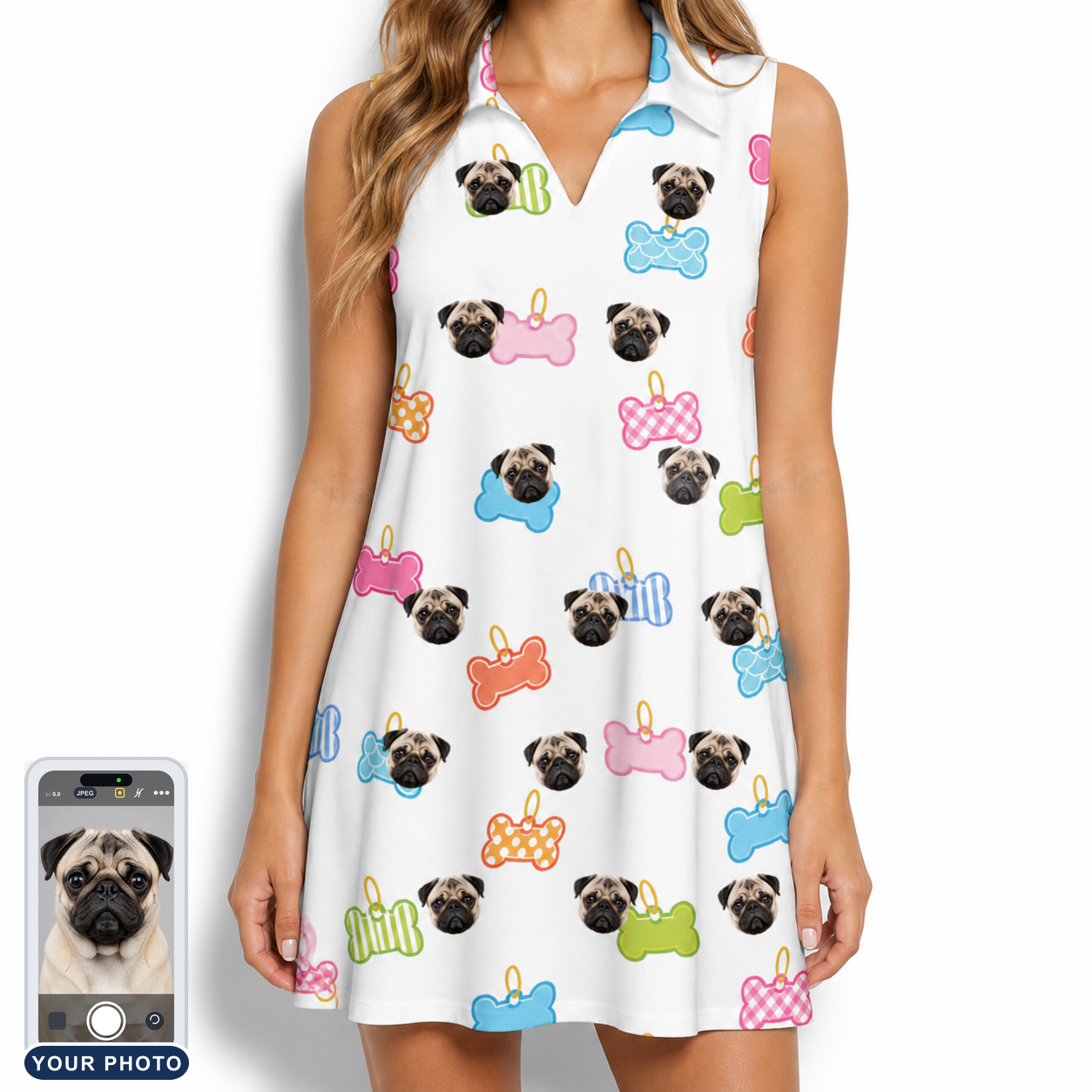 Women's Tag Wag Custom Dog Face V-Neck Dress