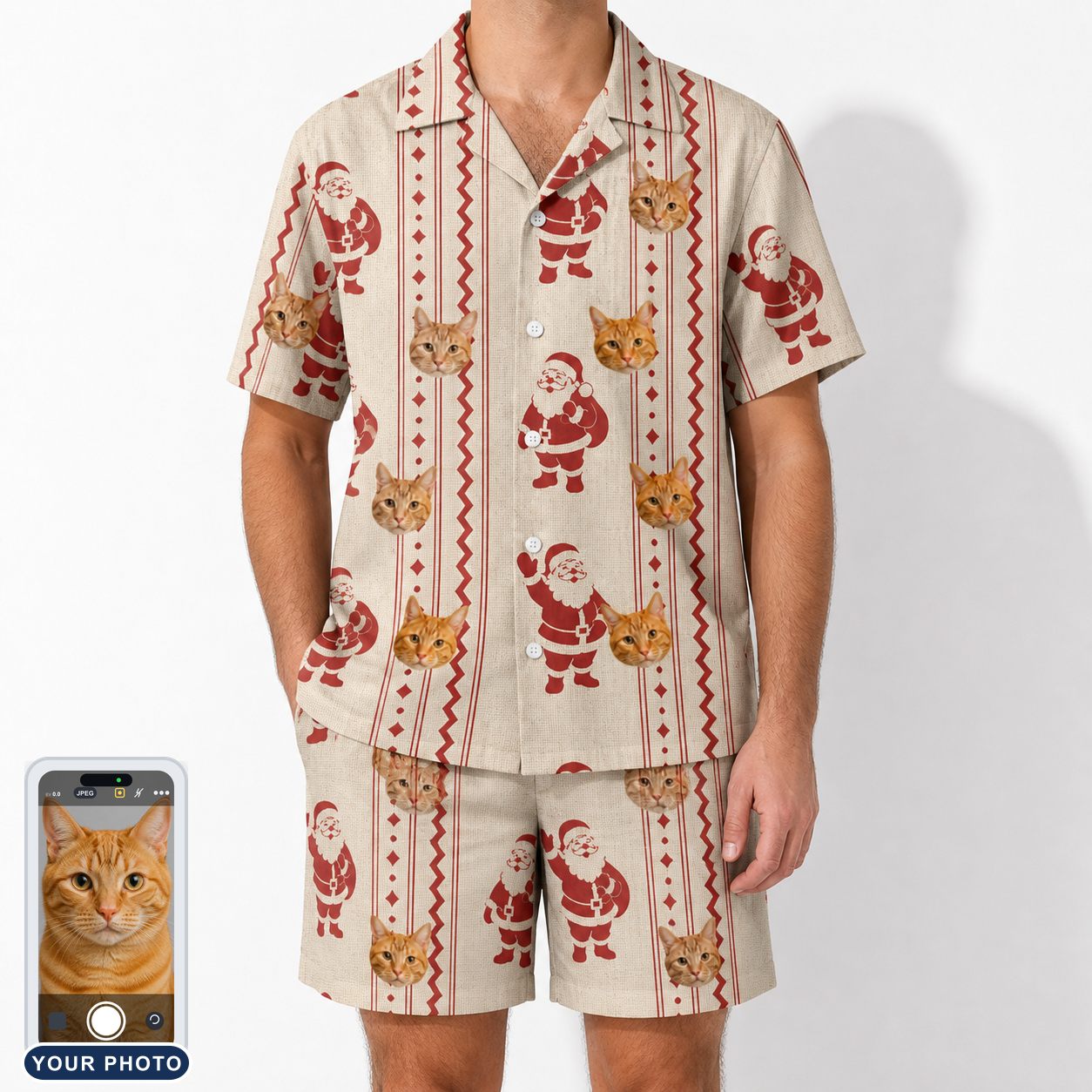 Men's Jolly Jingle Custom Cat Face Shirt & Shorts Set