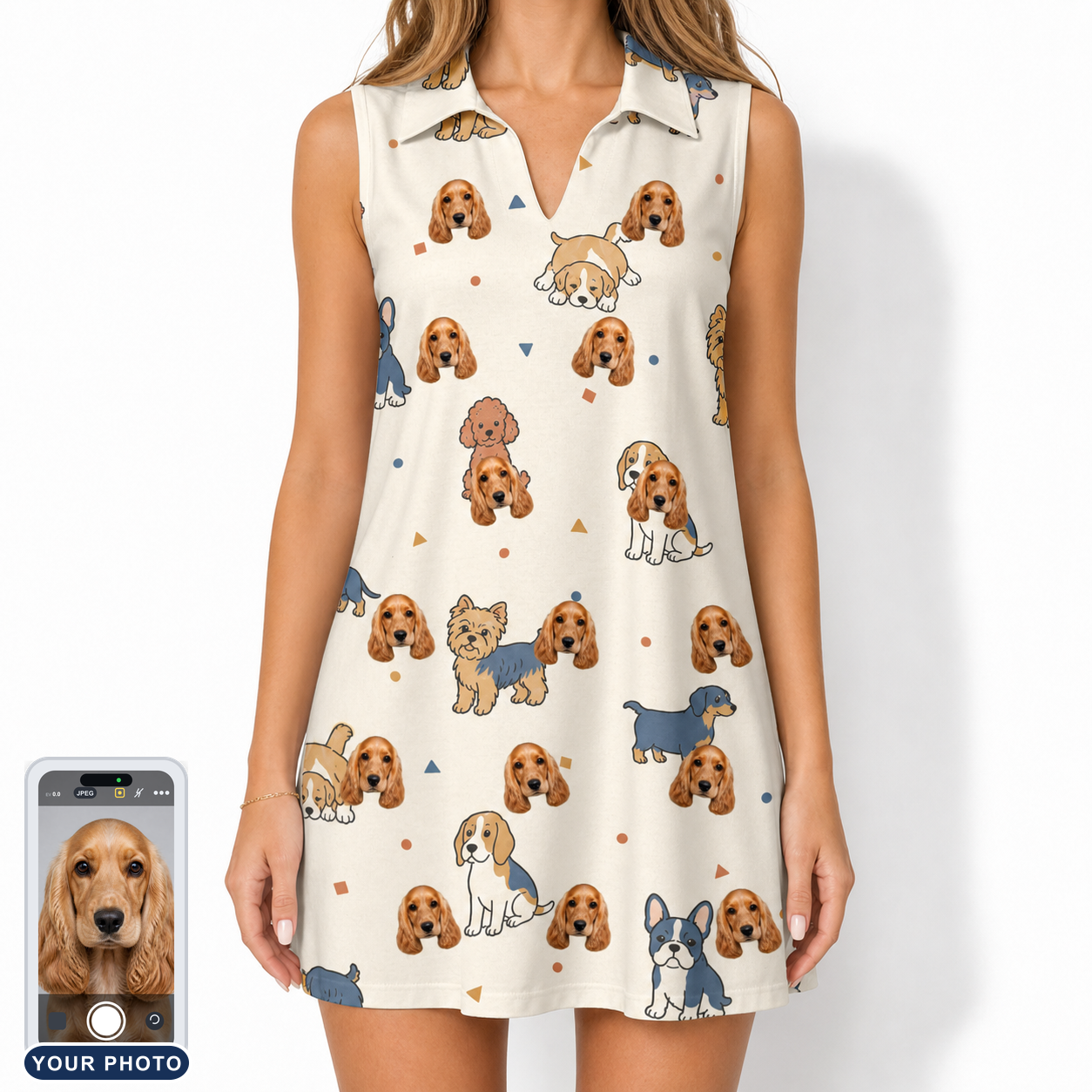 Women's Woof Whimsy Custom Dog Face V-Neck Dress