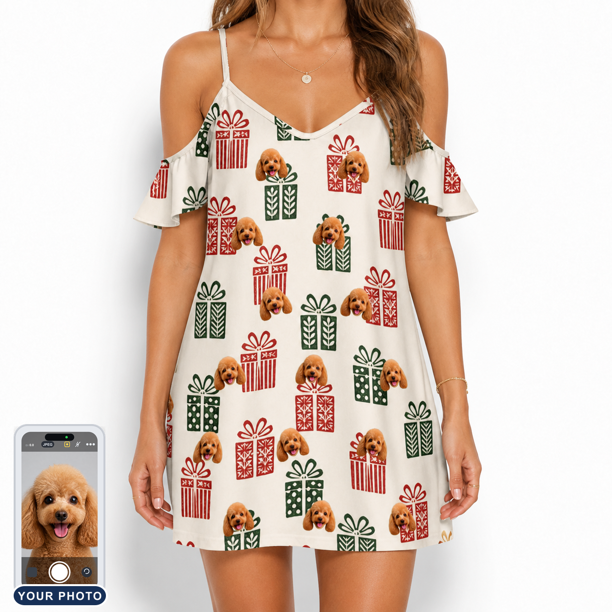 Women's Bowtiful Bundles Custom Dog Face Off-Shoulder Dress