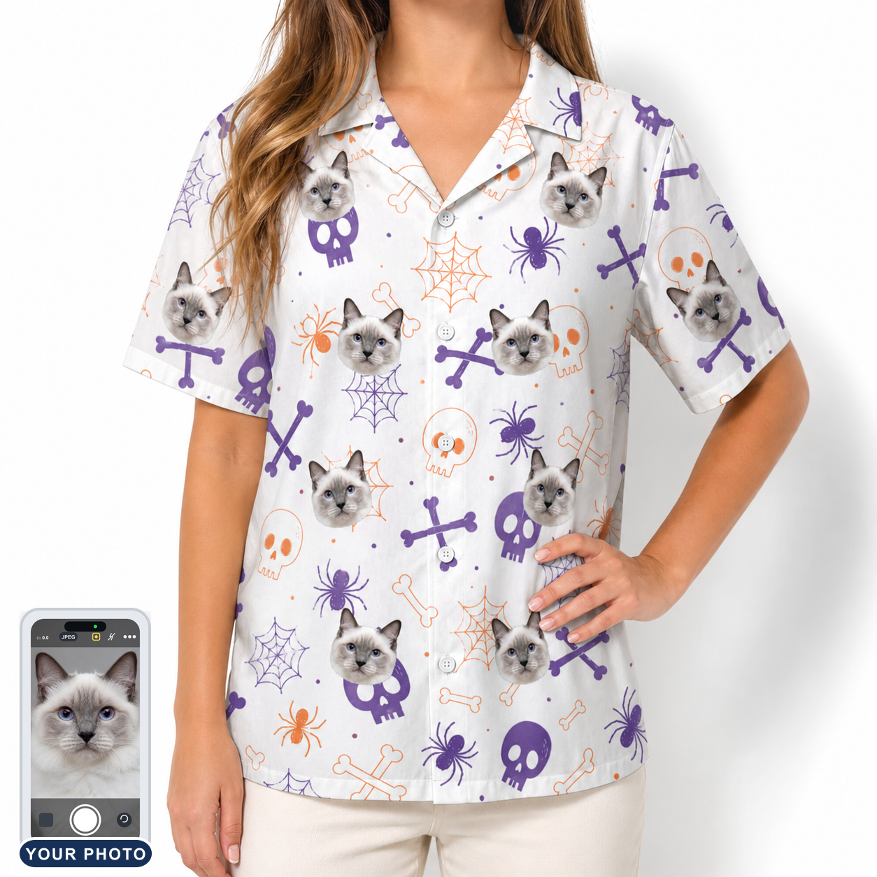 Women's Skull Shuffle Custom Cat Face Hawaiian Shirt