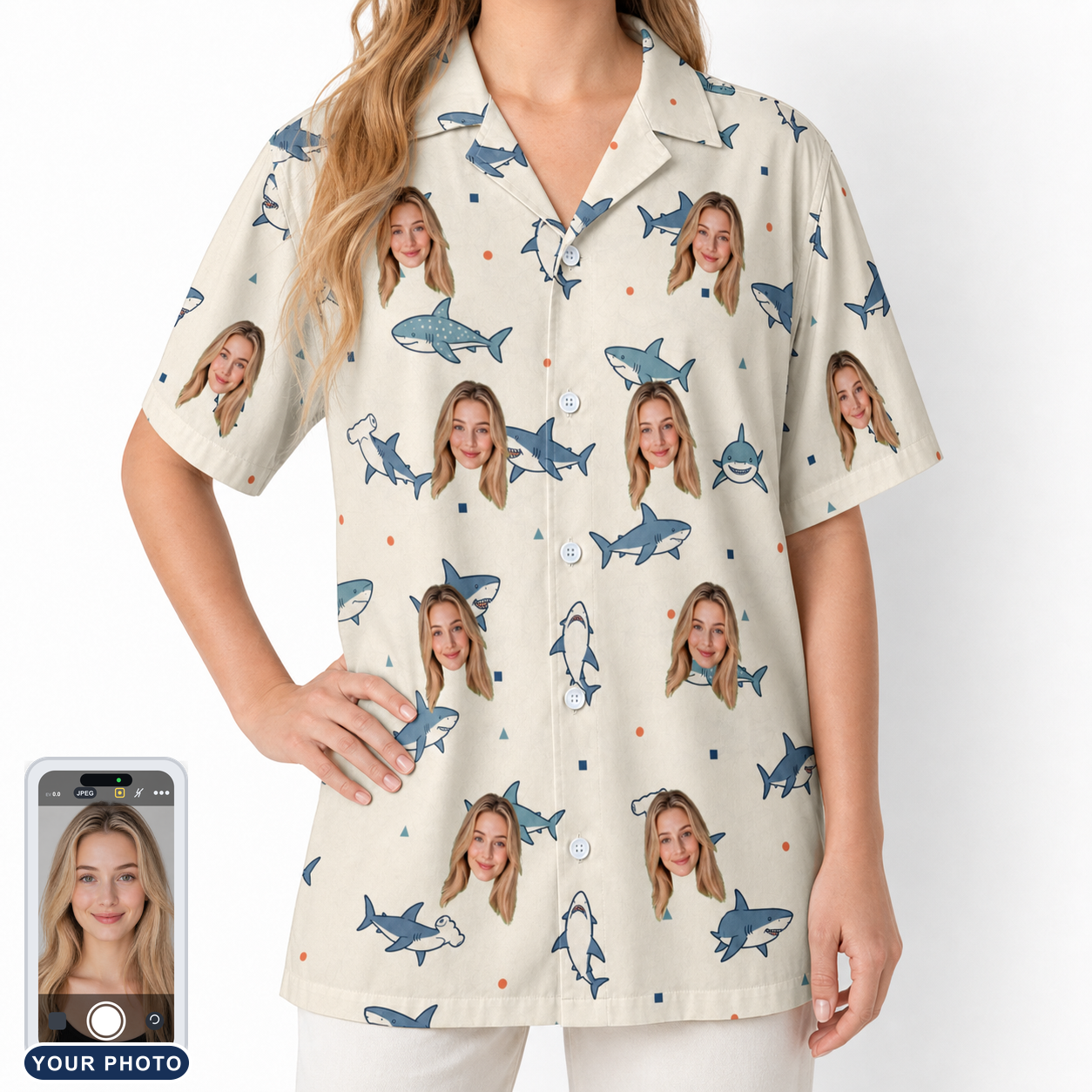 Women's Pocket Sharks Custom Face Hawaiian Shirt