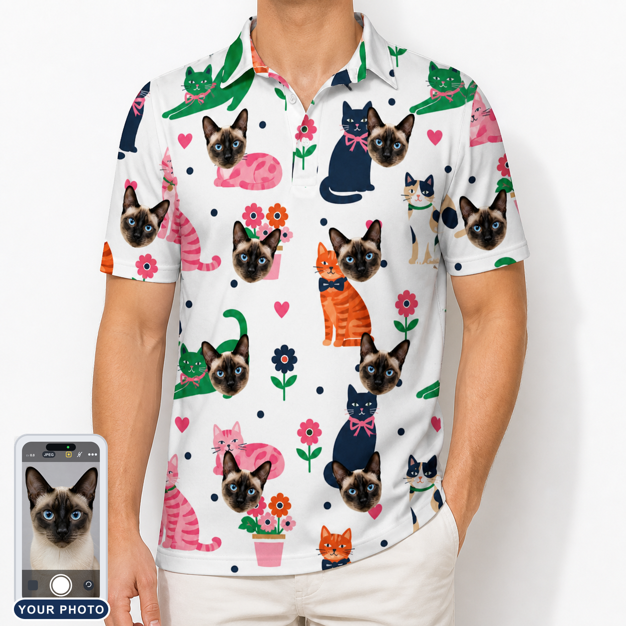 Men's Furball Follies Custom Cat Face Polo Shirt