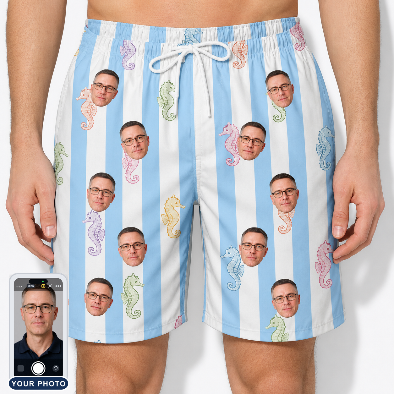 Men's Seahorse Serenade Custom Face Beach Shorts