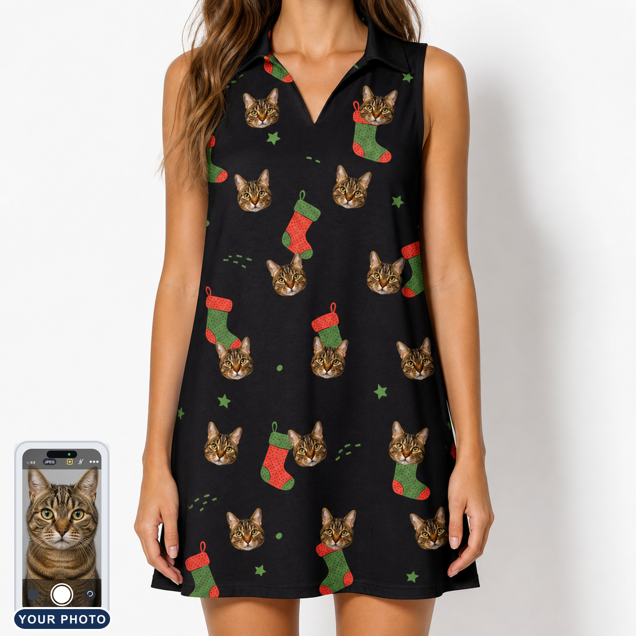 Women's Stocking Stuffer Custom Cat Face V-Neck Dress