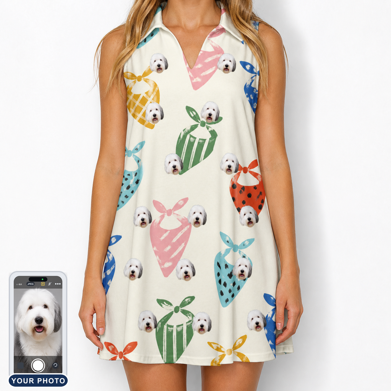 Women's Bandana Banter Custom Dog Face V-Neck Dress
