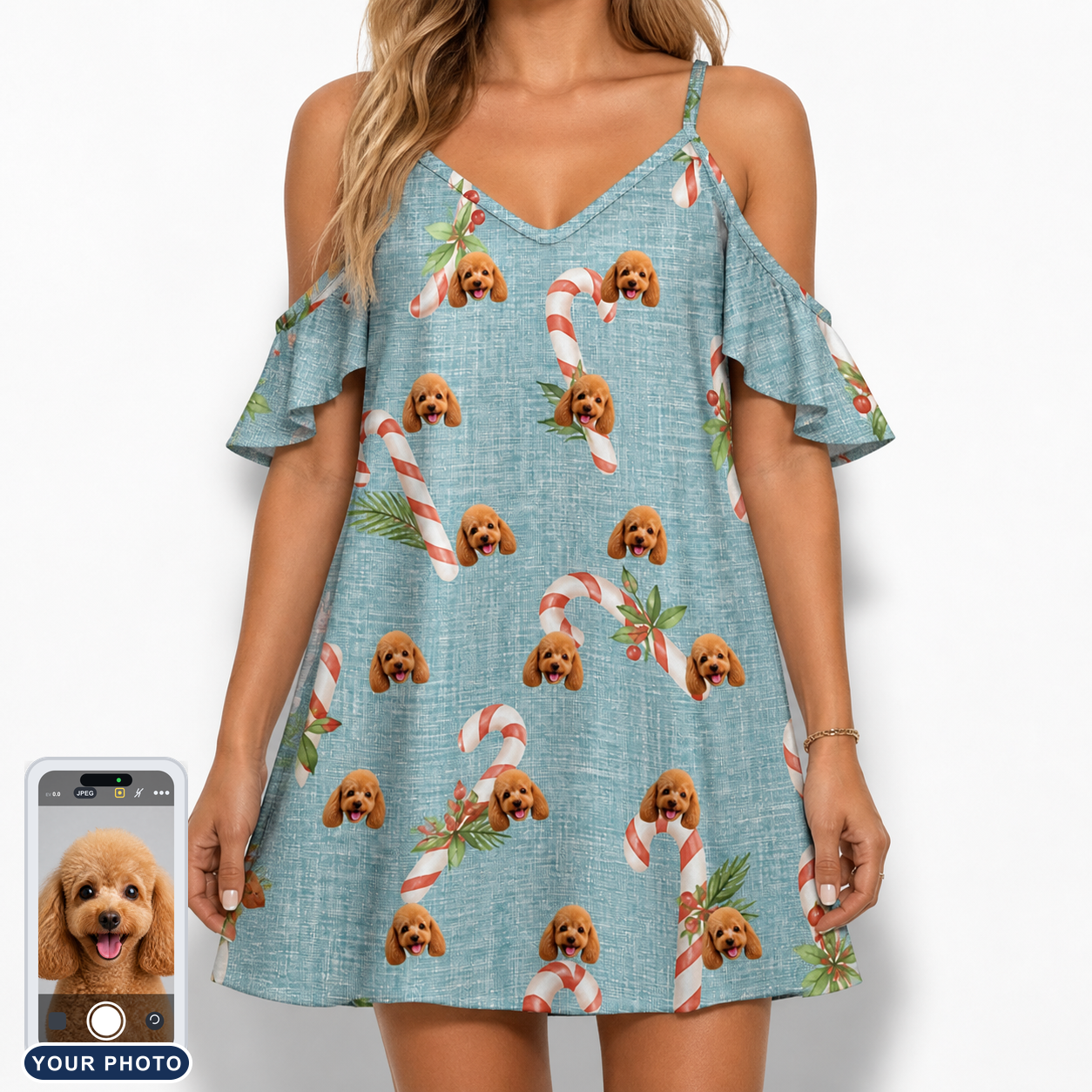 Women's Cane Carousel Custom Dog Face Off-Shoulder Dress