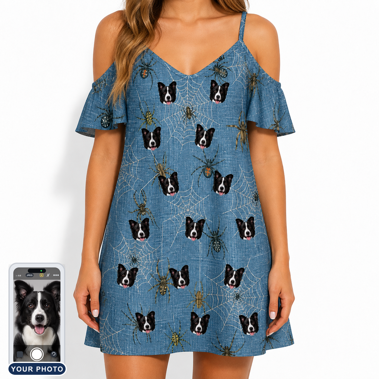 Women's Scuttle Sideshow Custom Dog Face Off-Shoulder Dress