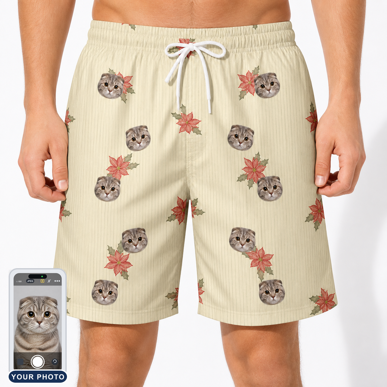 Men's Poinsettia Pop Custom Cat Face Beach Shorts