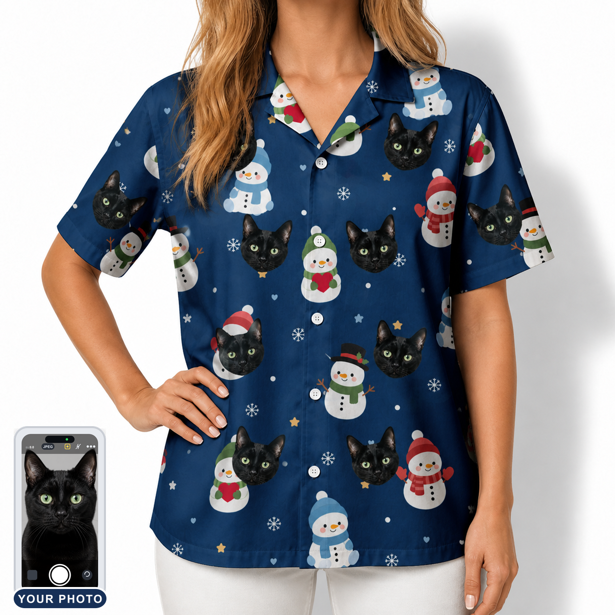 Women's Snowman Shenanigans Custom Cat Face Hawaiian Shirt